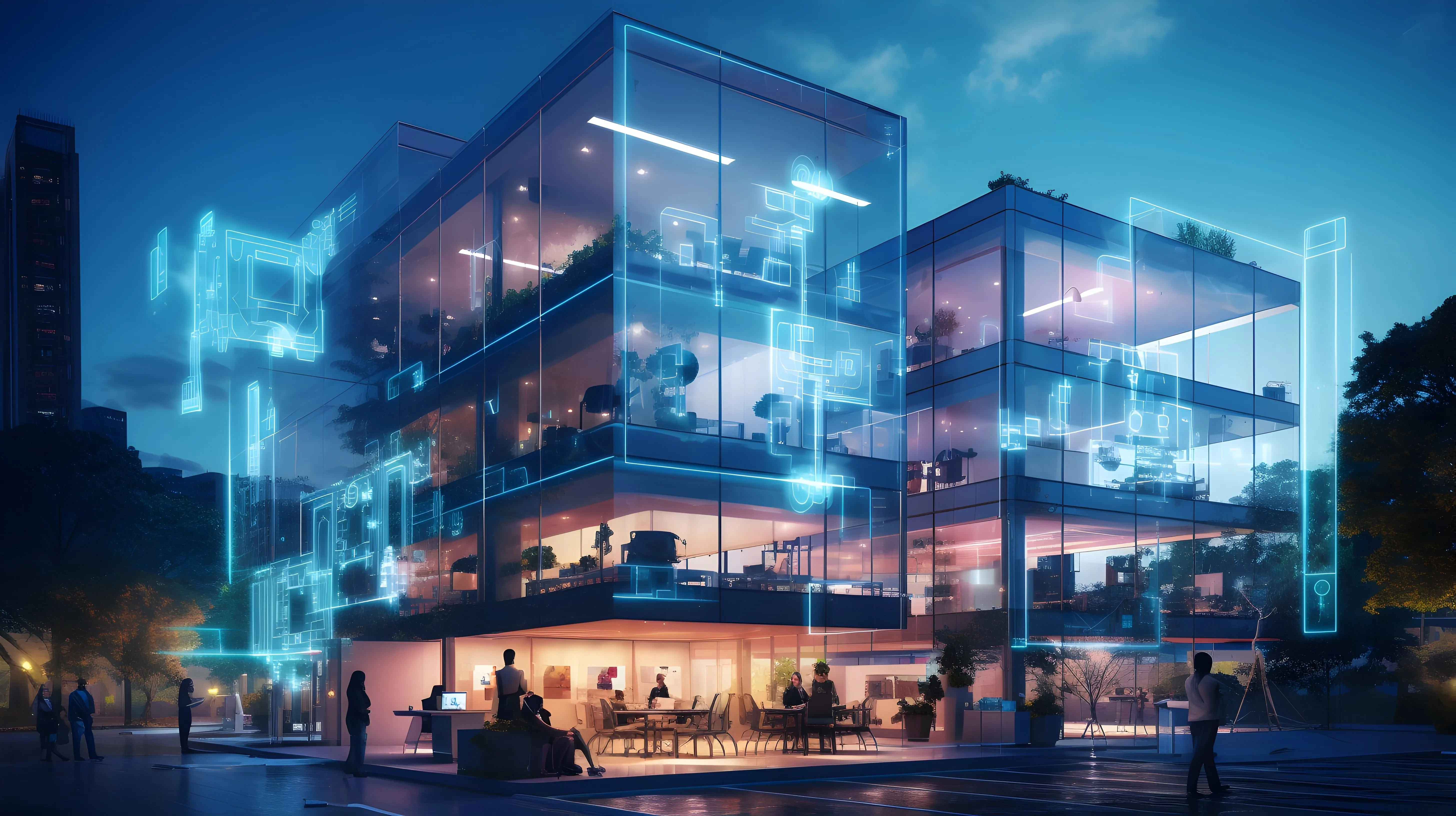 Futuristic smart building with digital interfaces at night.