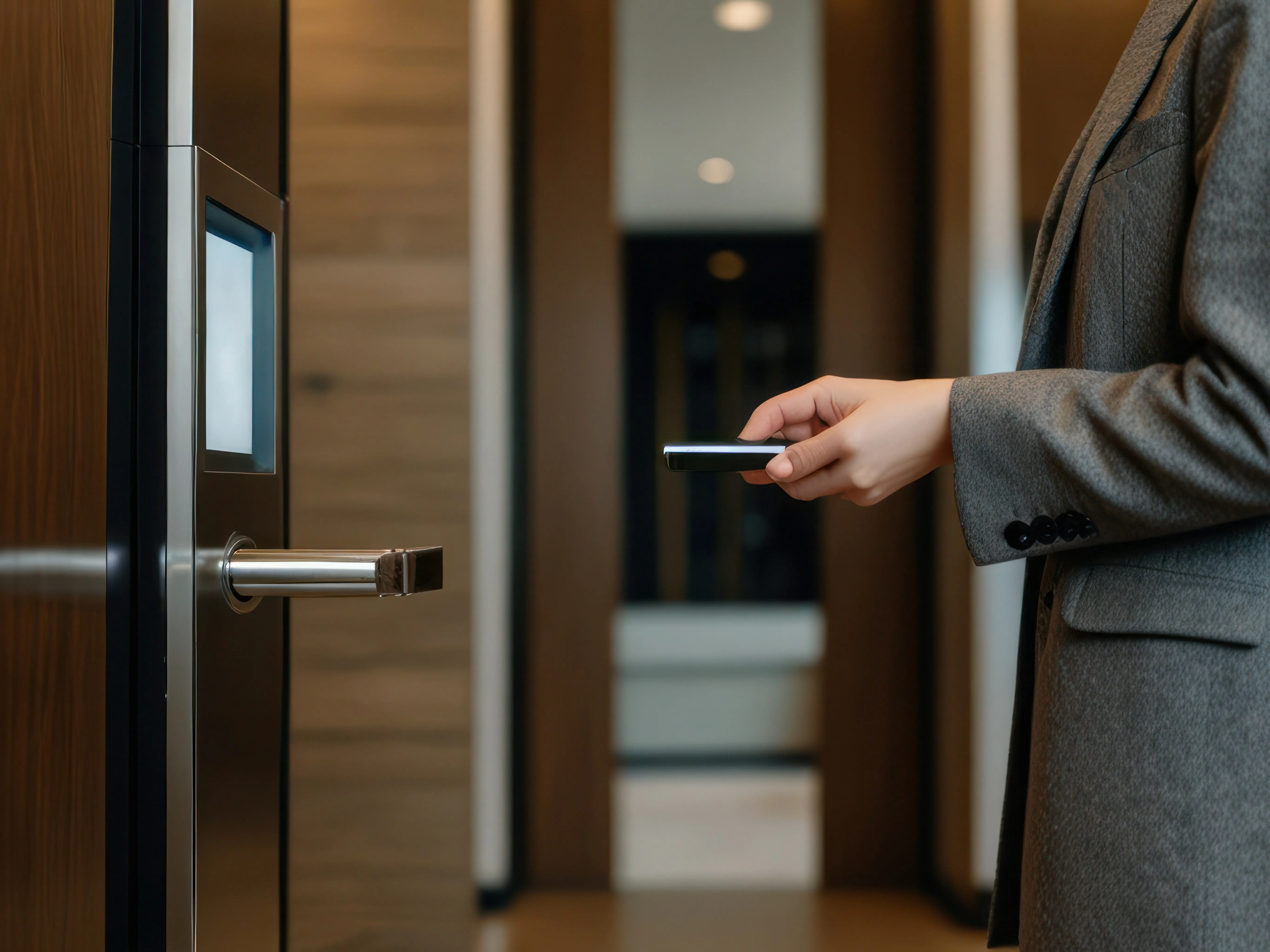 Person using smartphone to unlock a smart door lock.