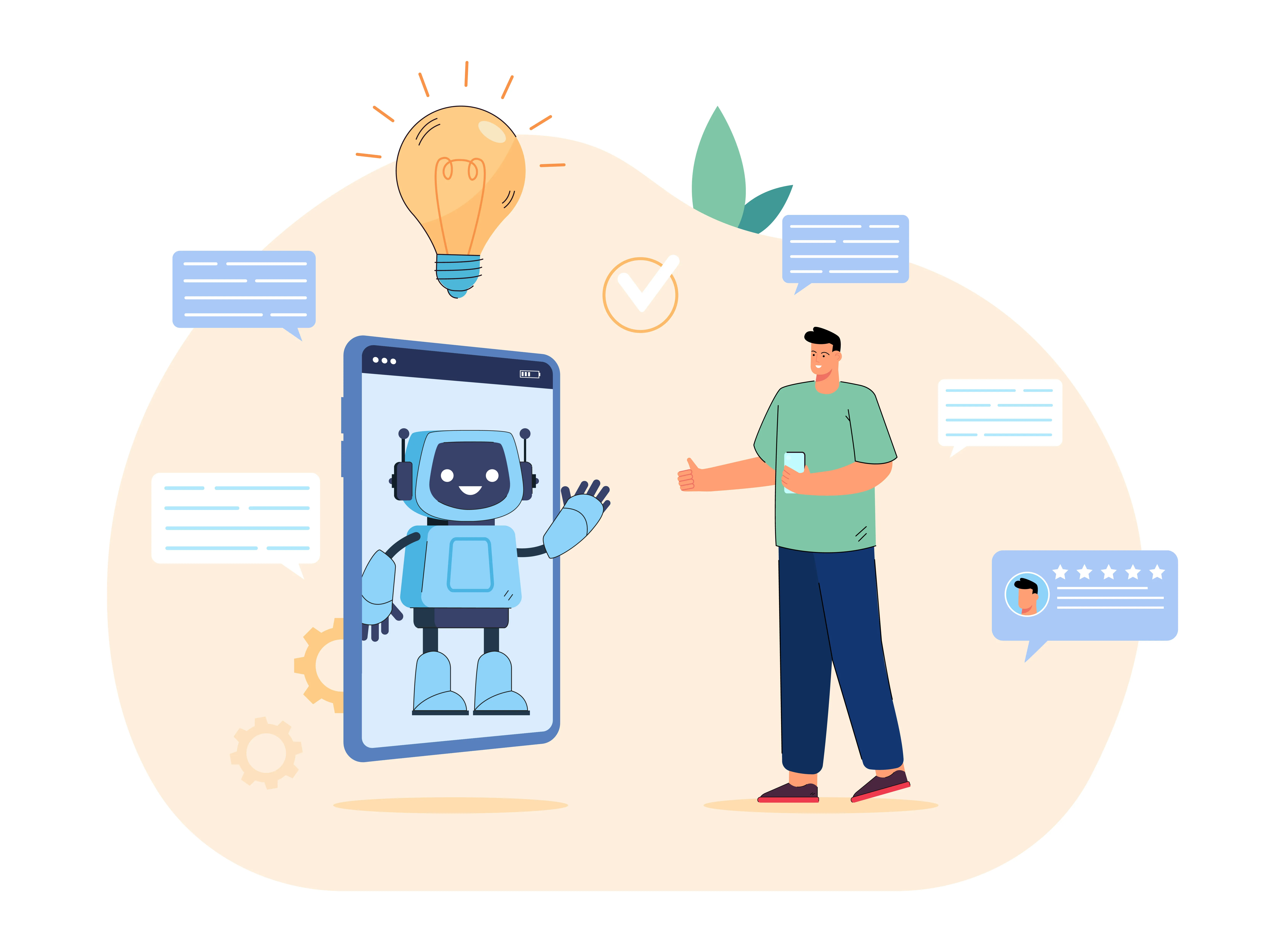 Illustration of a friendly chatbot interacting with a customer through a smartphone screen, symbolizing customer support and communication