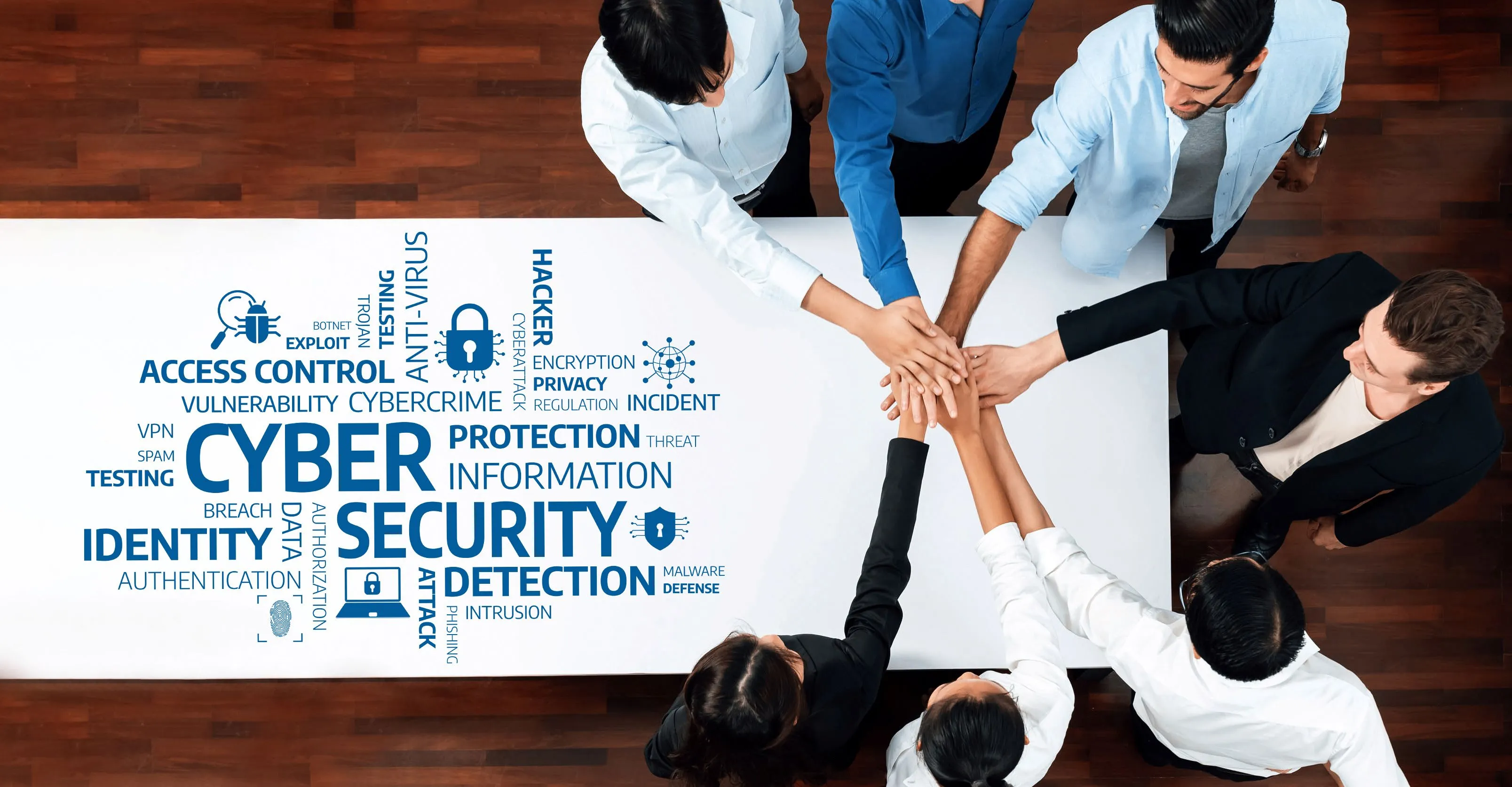Cybersecurity professionals collaborating around data protection concept word cloud.