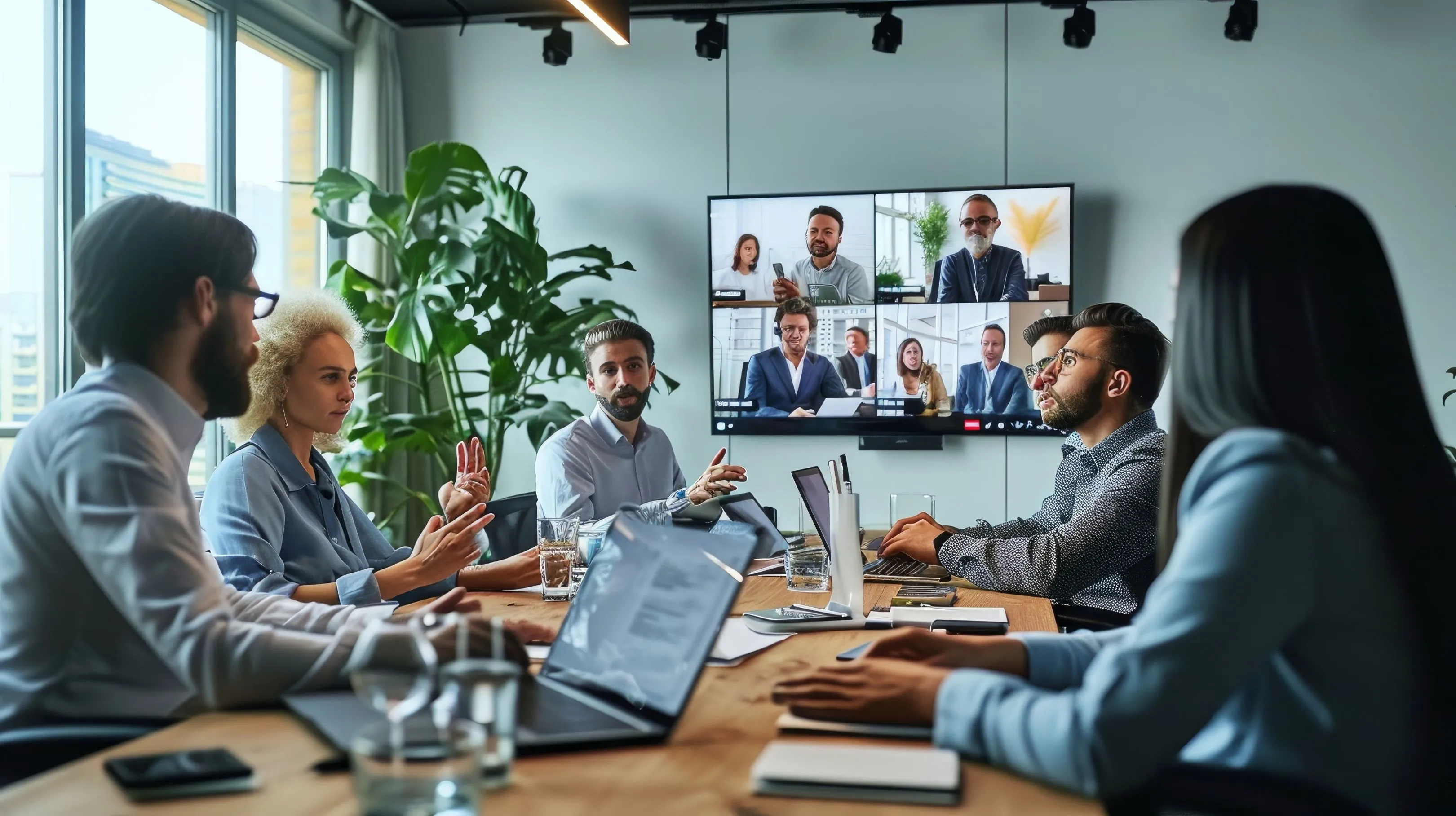 Diverse team in hybrid meeting discussing with remote colleagues.