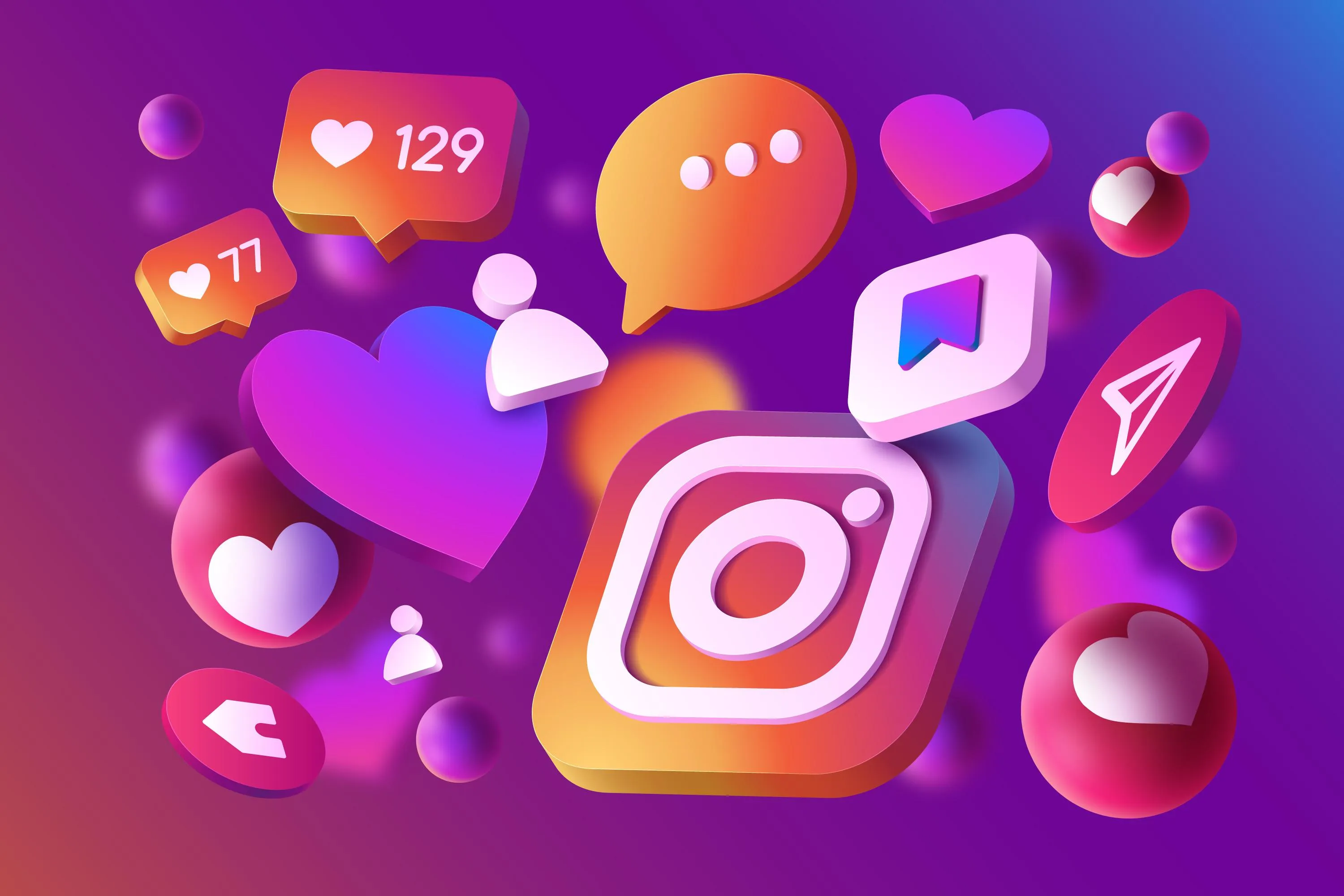 Instagram icons: likes, comments, followers, shares in vibrant colors.