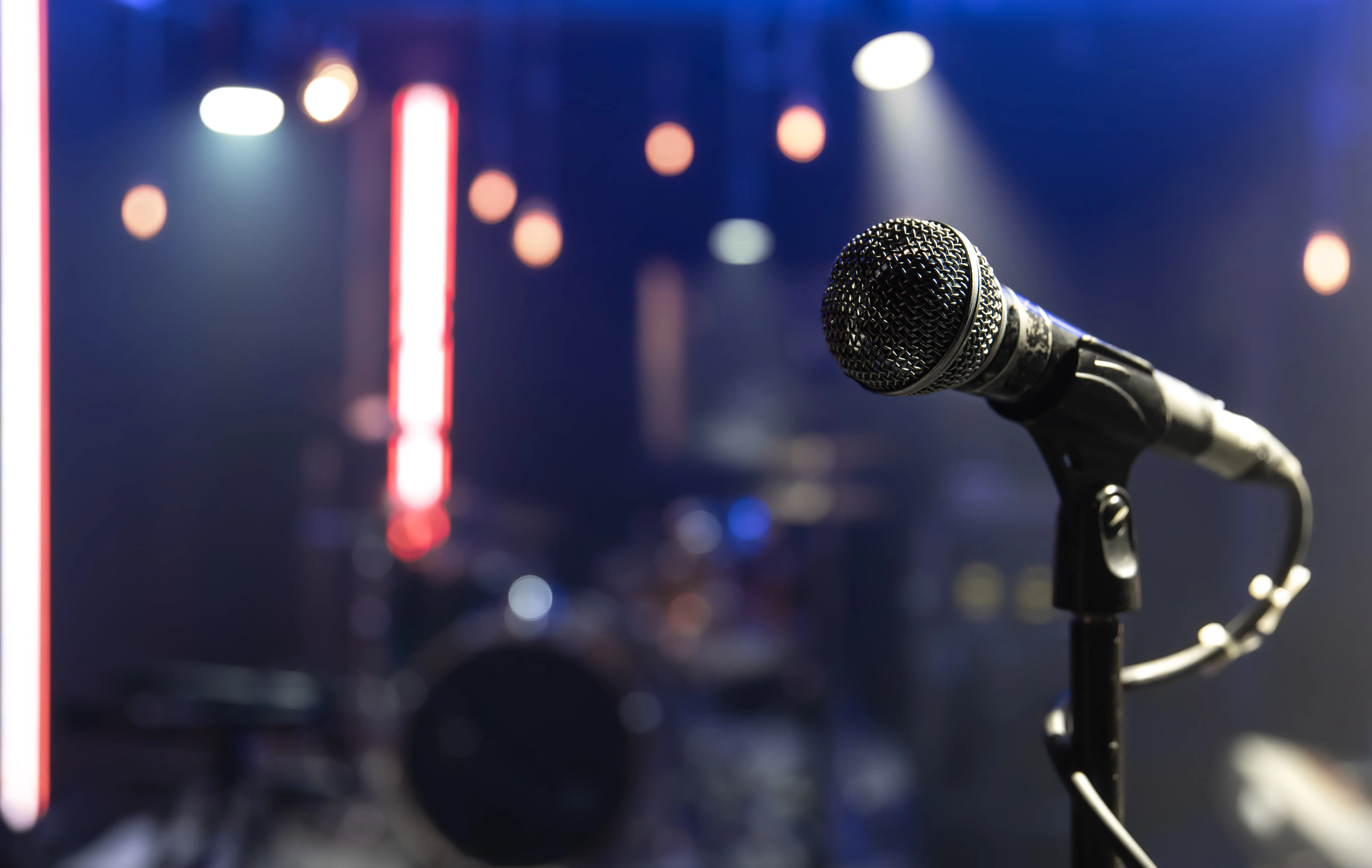 Close Up Microphone Concert Stage With Beautiful Lighting