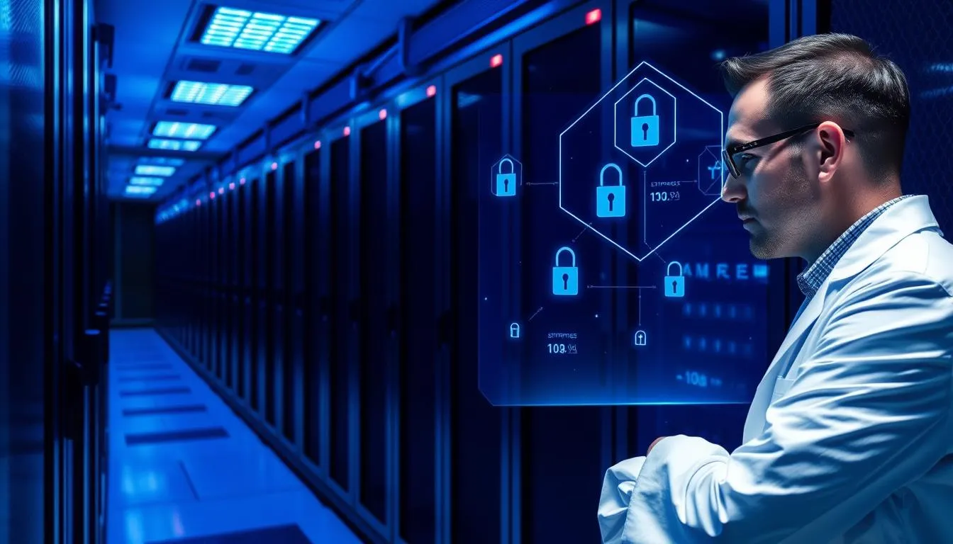 Technician analyzes holographic cybersecurity alerts in blue-lit server room.