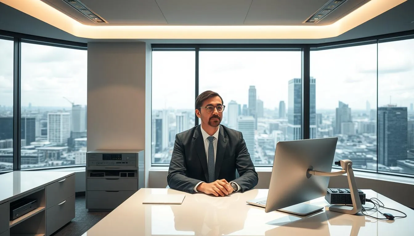 Businessman in glasses works at laptop with city skyline view.