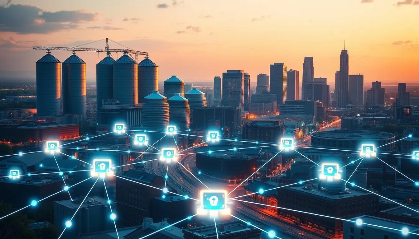 Smart city skyline with glowing data nodes and sunset lighting.