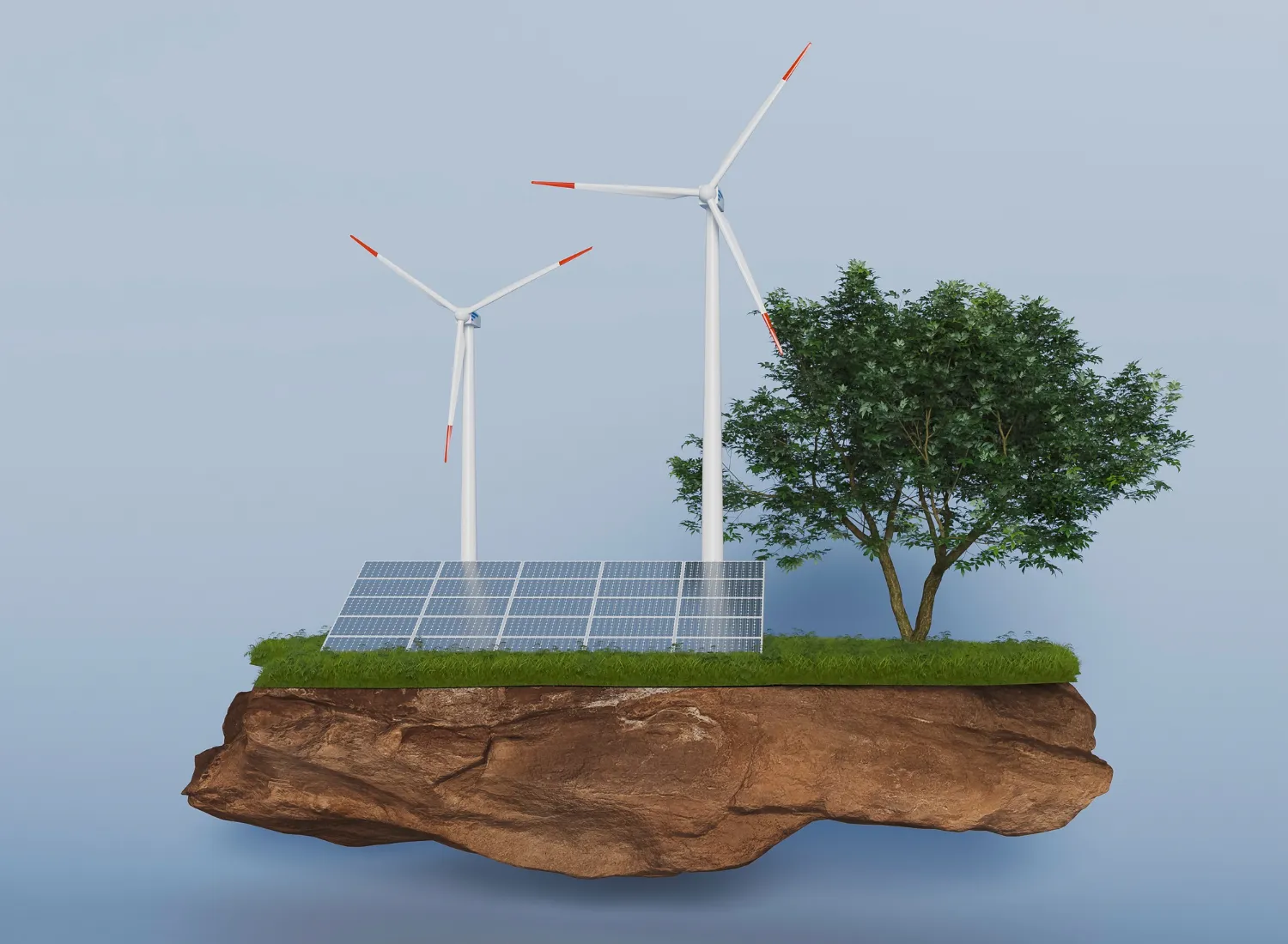 Floating sustainable island with wind turbines, solar panel and tree.