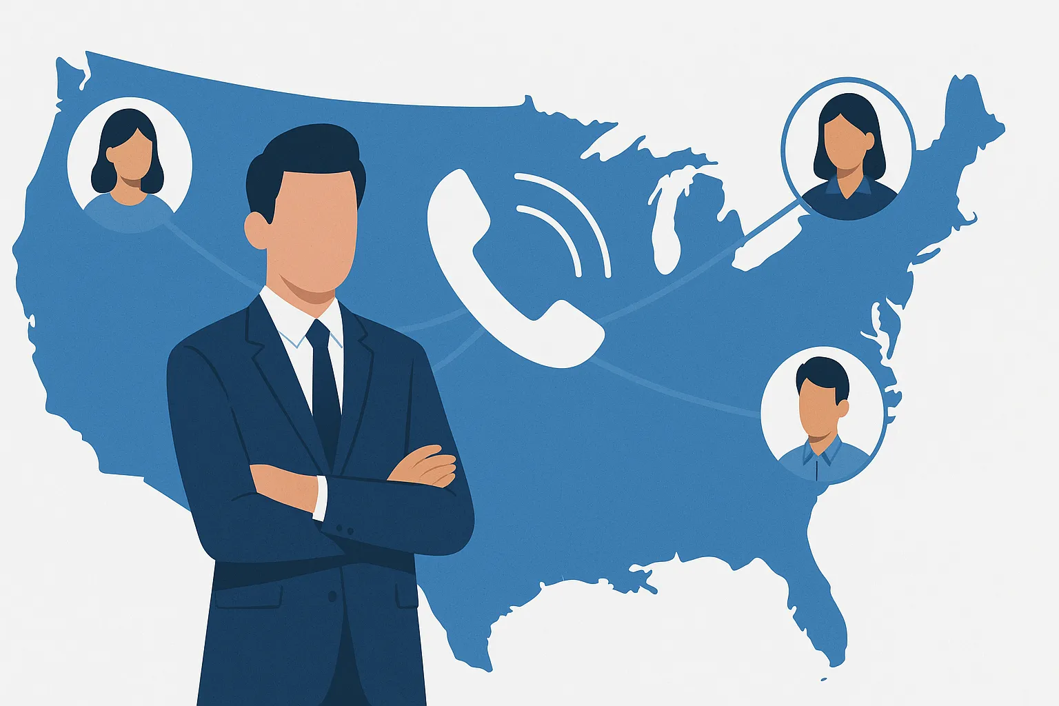 Businessman in suit connected to USA map via telecom lines.