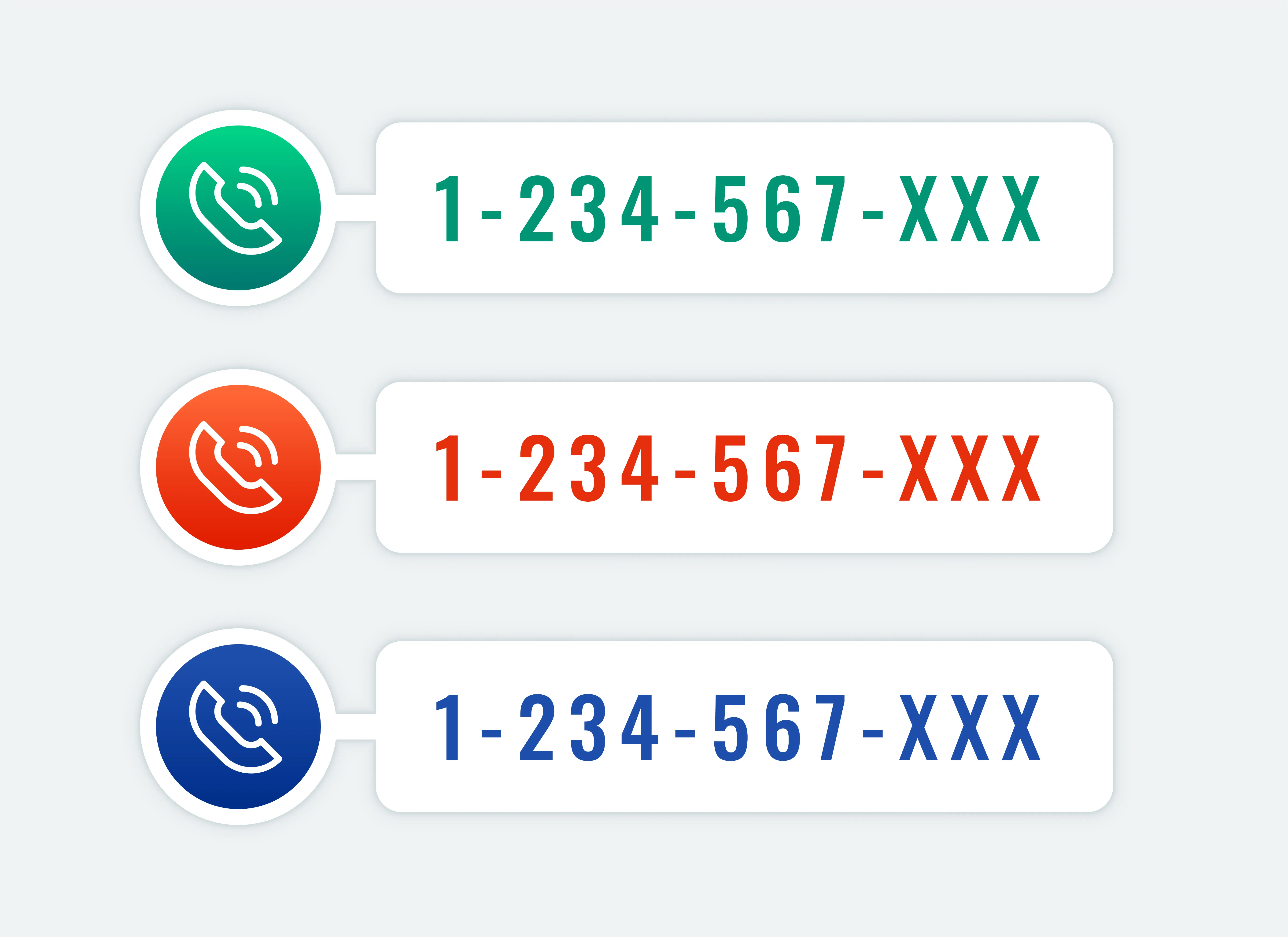 Three phone call-to-action icons with different colors (green, red, blue) and placeholder phone numbers, symbolizing contact options.