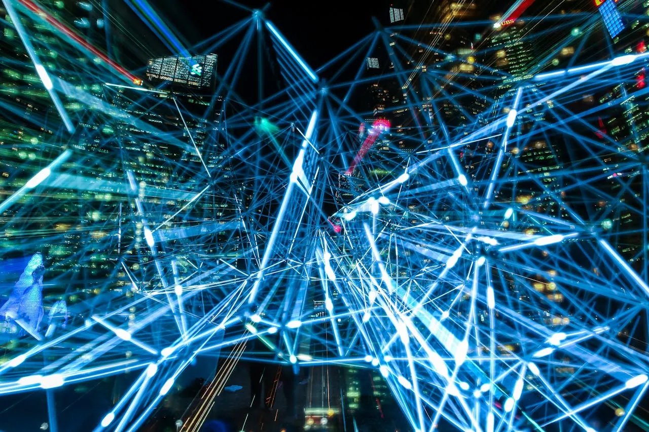 Futuristic cityscape with glowing blue data network connecting skyscrapers.