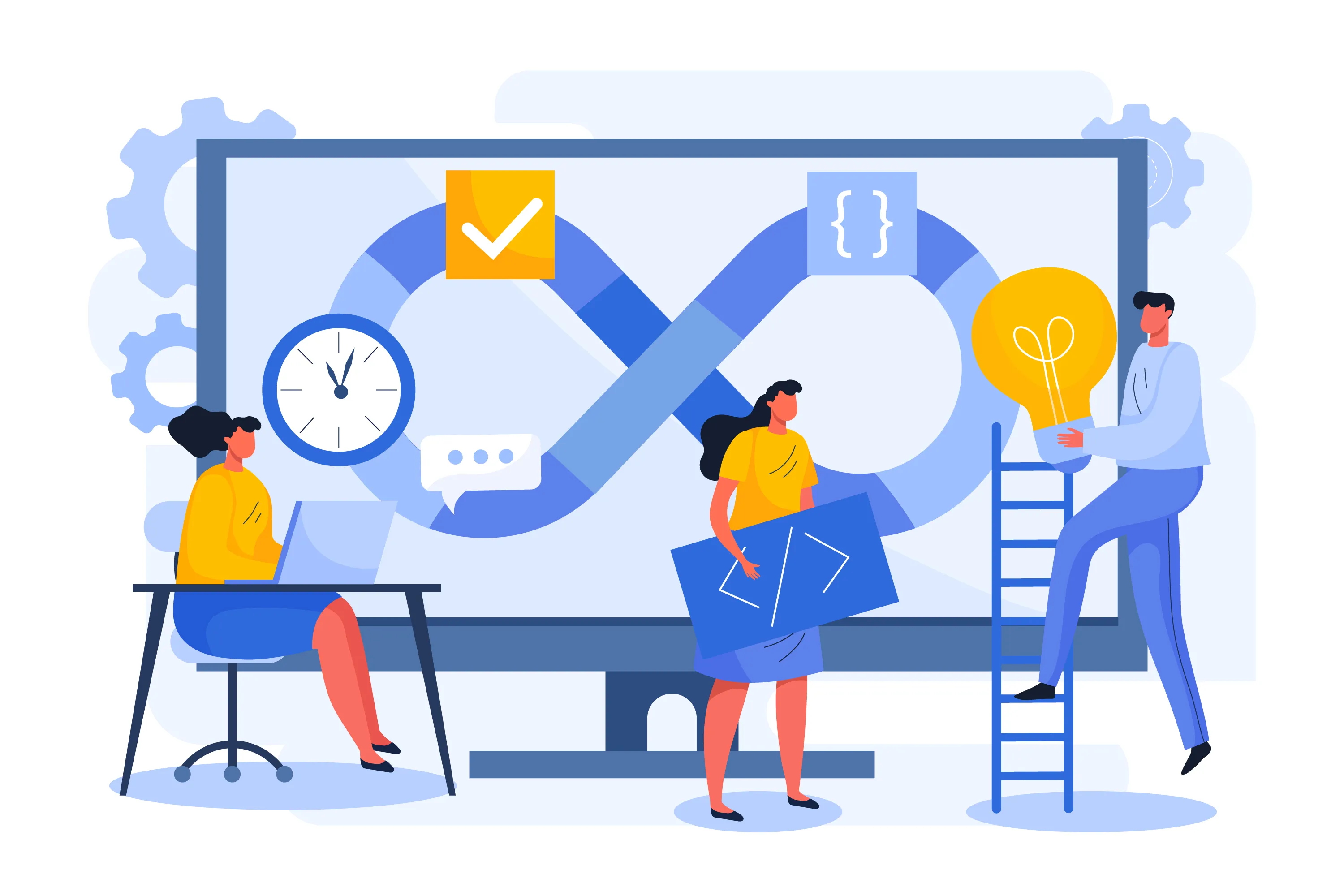 Illustrated team collaborating on DevOps process with coding, innovation, and time management icons displayed.
