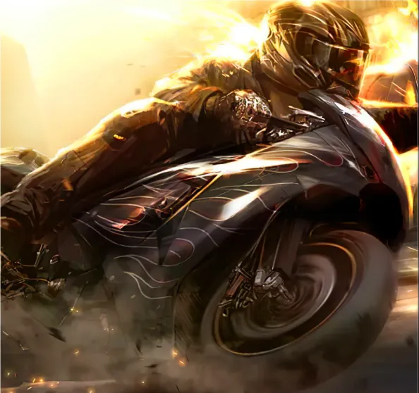 Rider in black gear leans sharply on flame-decorated sportbike.