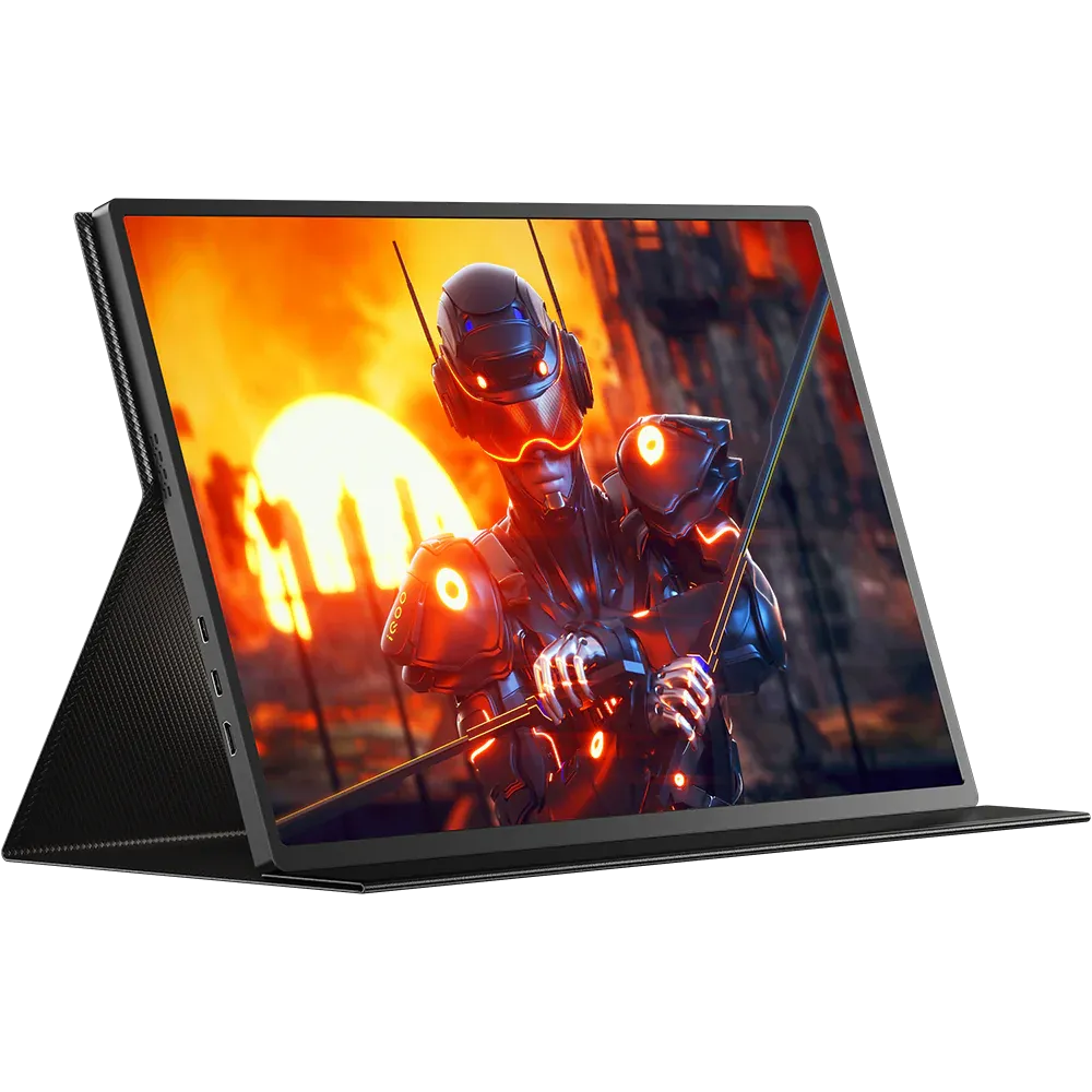 Foldable gaming monitor shows glowing cyber soldier in fiery cityscape.