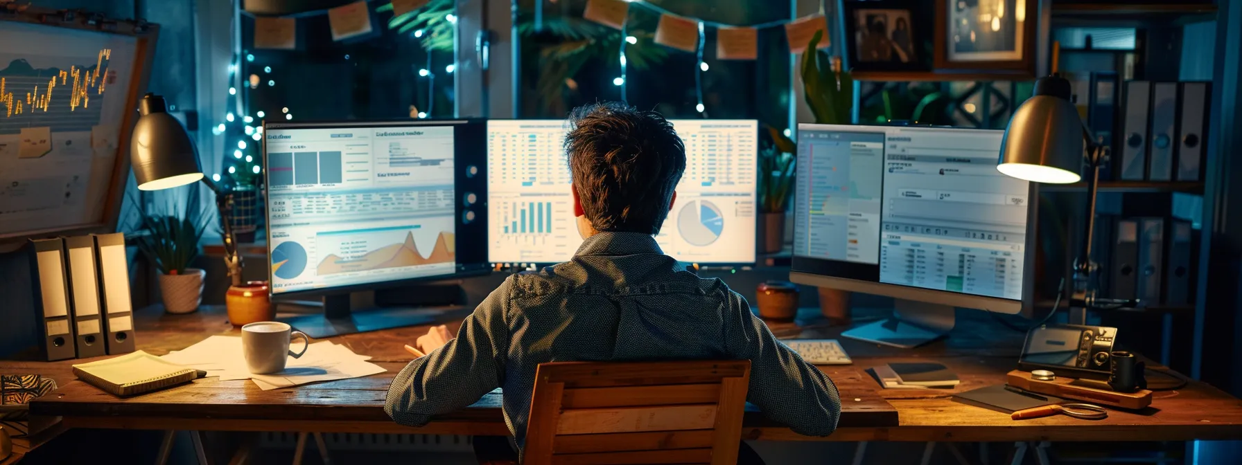 A man working on data analytics at his home.