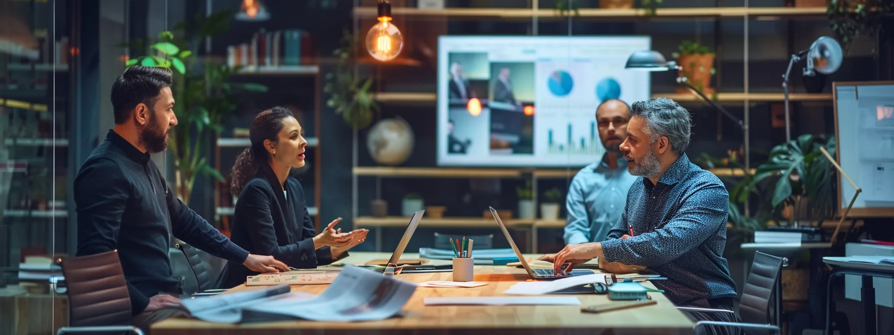 Business professionals engaged in account planning while seated around a conference table in a modern office setting.