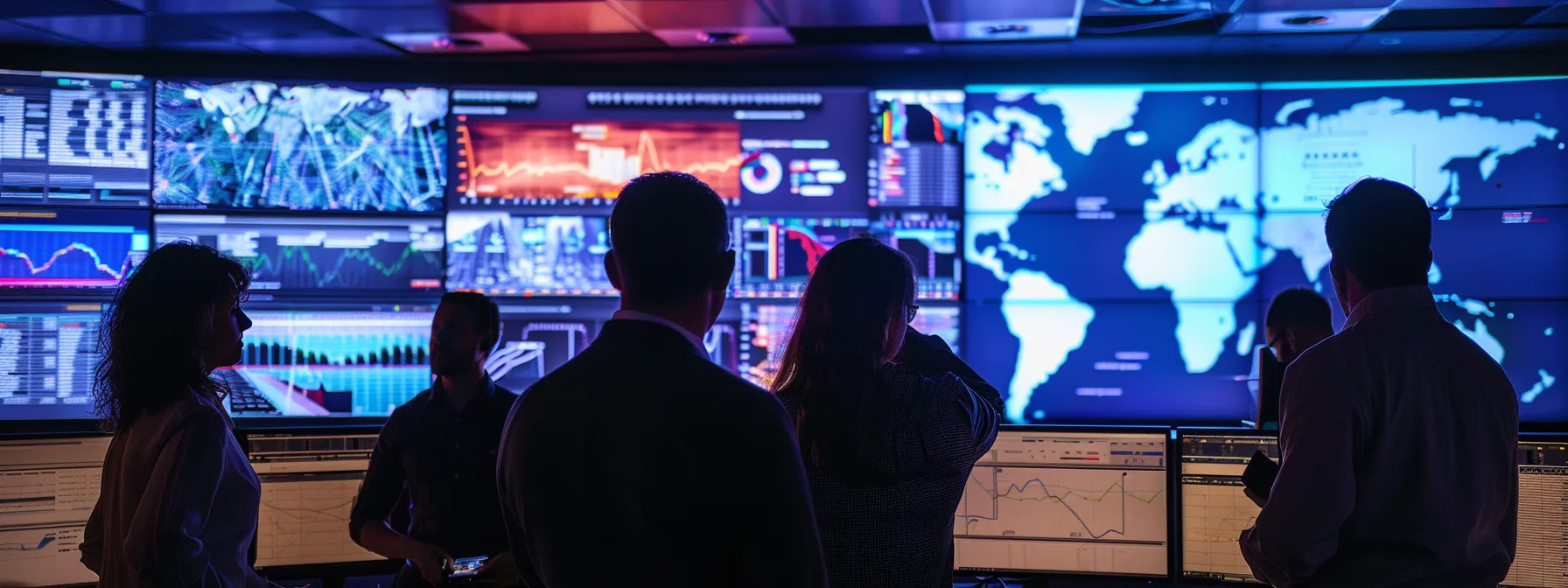 Individuals engaged in viewing a large screen with multiple monitors focused on knowledge management tools for financial operations.