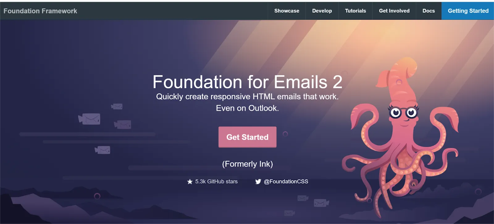 Screenshot of the Foundation for Emails 2 website, highlighting its feature of quickly creating responsive HTML emails that work even on Outlook, with a prominent [Get Started] button.