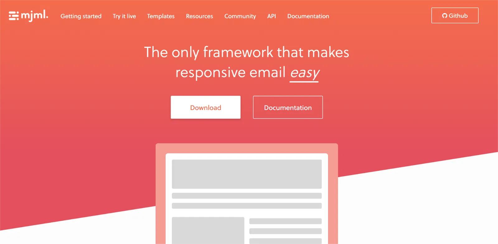 Screenshot of the MJML framework website showcasing its tagline[The only framework that makes responsive email easy] with options to download and view documentation.