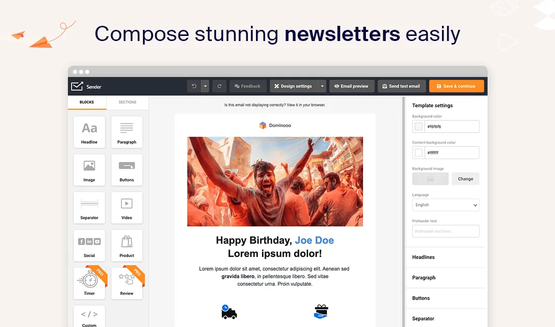 Interface of an email newsletter creation tool, showing design elements and a preview of a colorful birthday newsletter template.