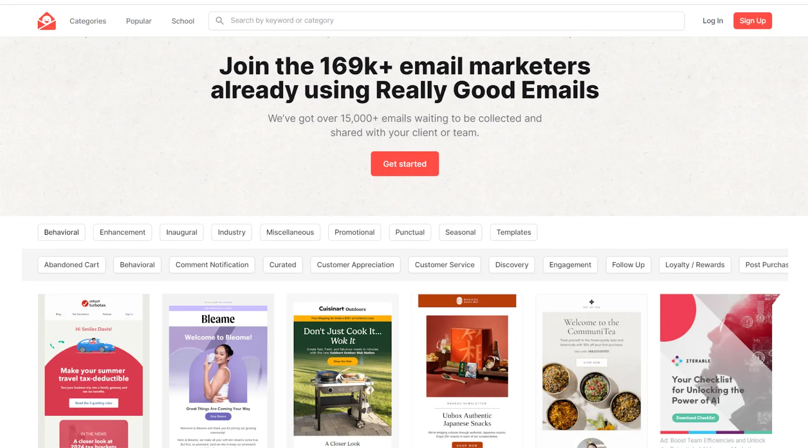 Screenshot of the Really Good Emails homepage featuring a call to action for email marketers to join, showcasing various email categories and examples of email templates.