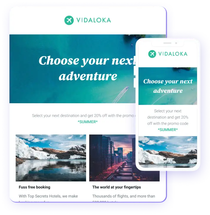 Travel app interface mockup showing desktop and mobile versions of Vidaloka, featuring adventure destinations and promotional offers