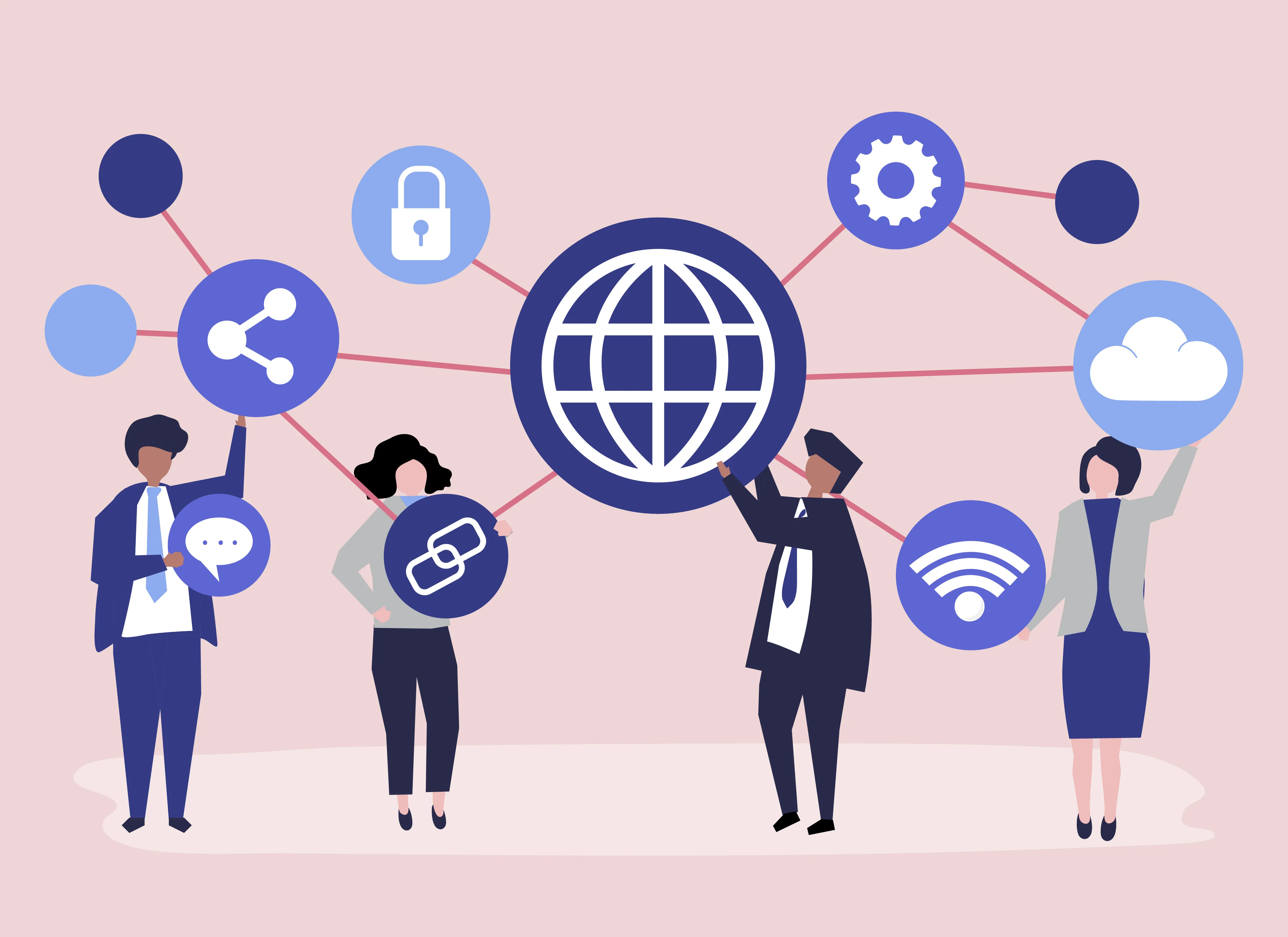 Illustration of a global digital network with diverse business people holding icons representing internet connectivity, cloud computing, data sharing, and security.