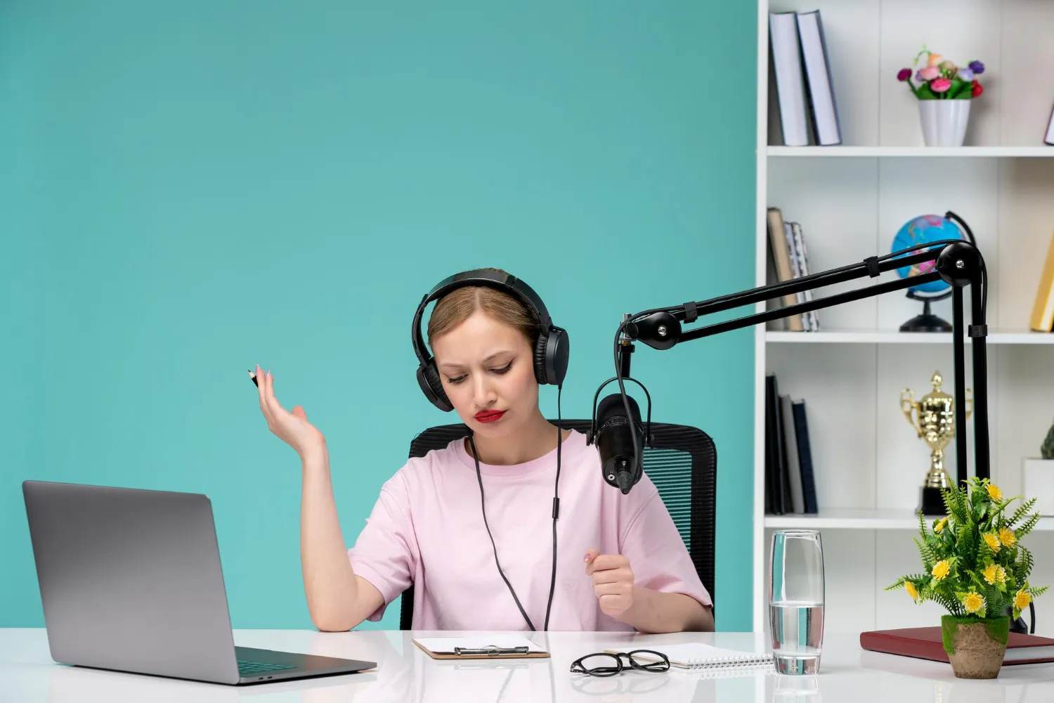 Female podcast host with headphones and microphone recording in a home studio setup, appearing thoughtful while gesturing, with a laptop, clipboard, and decorative items on the desk.