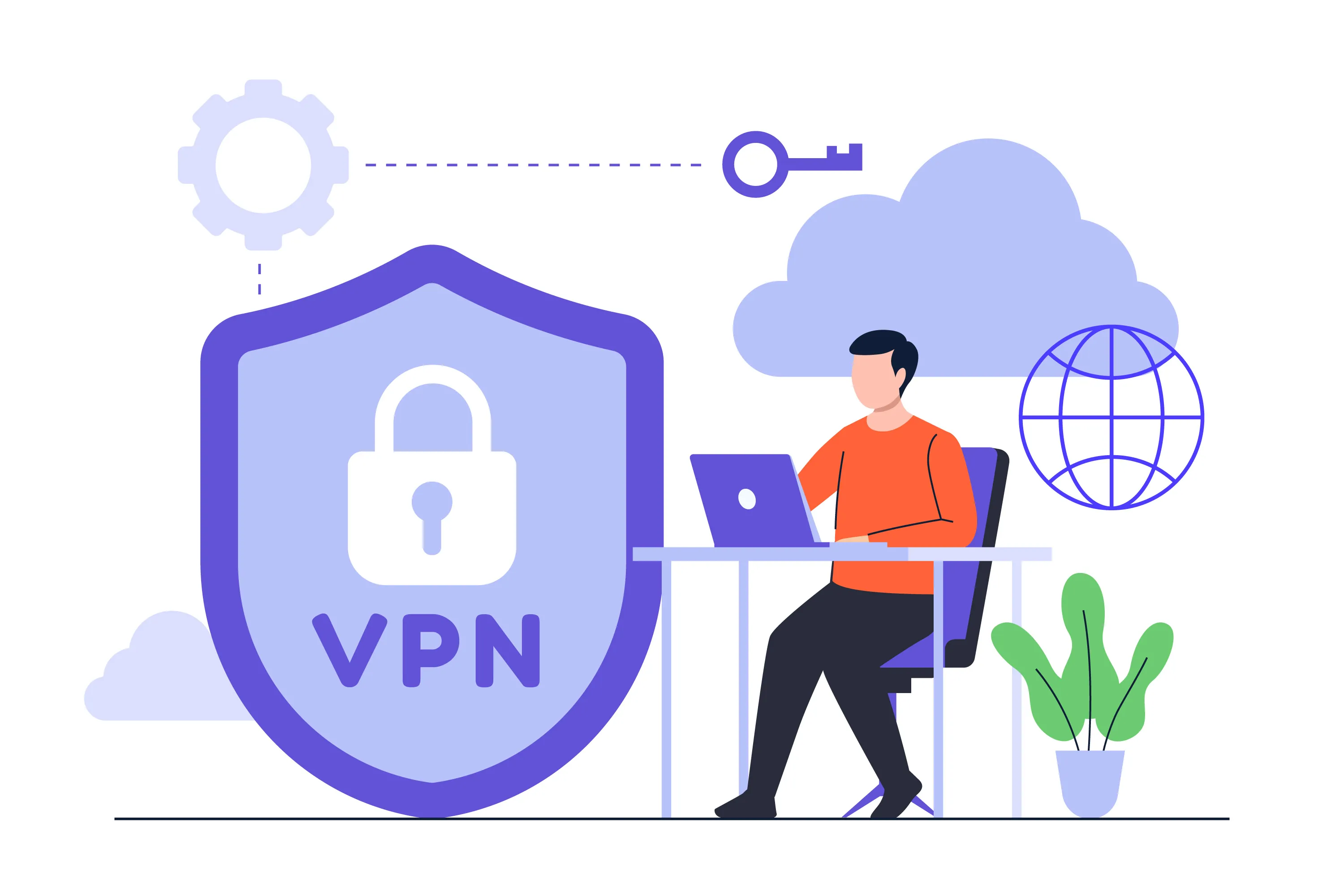 VPN illustration: person at laptop with shield for online security.