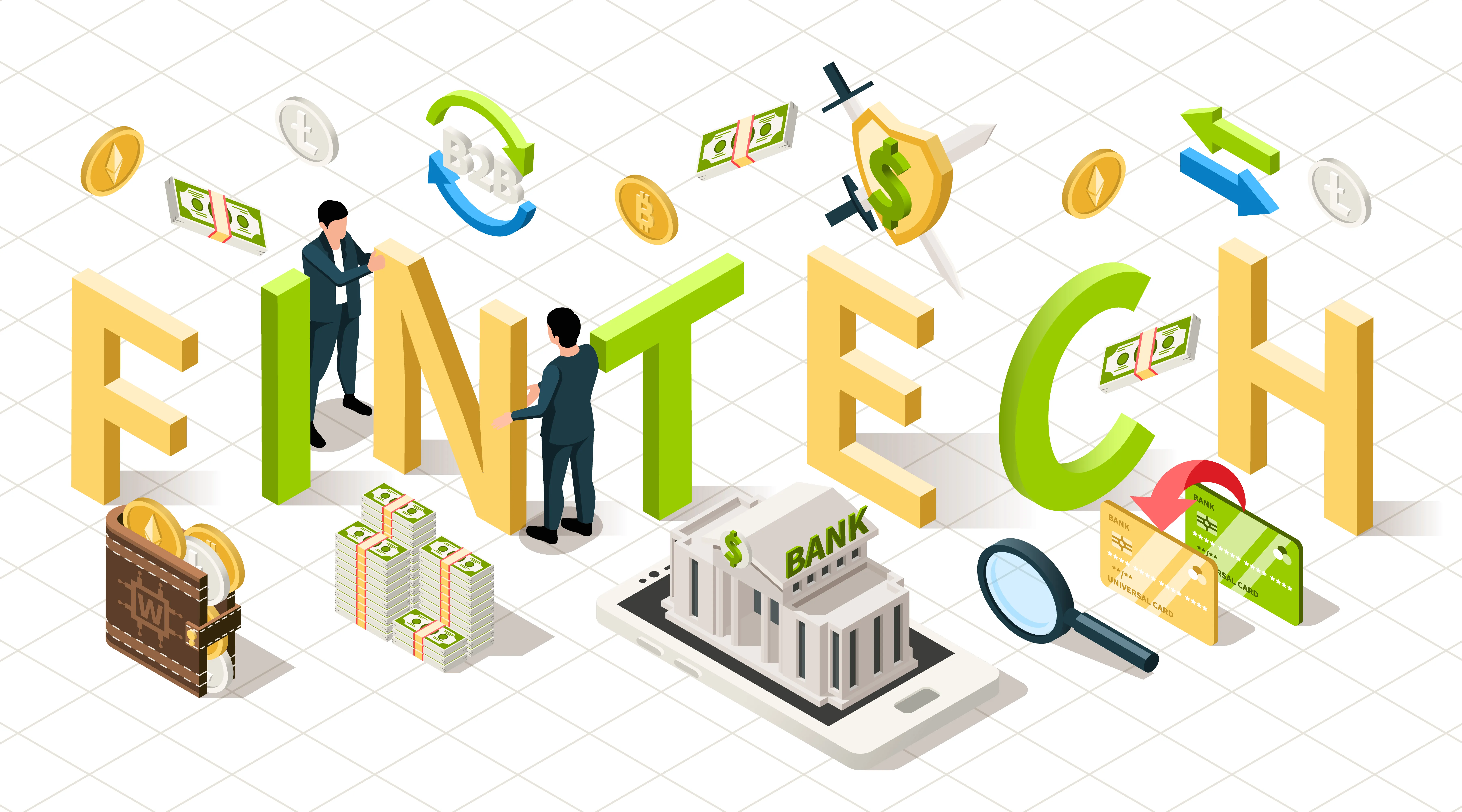 Isometric illustration representing fintech, featuring the word 'FINTECH' with various financial elements like bank, cryptocurrency, and digital transactions.