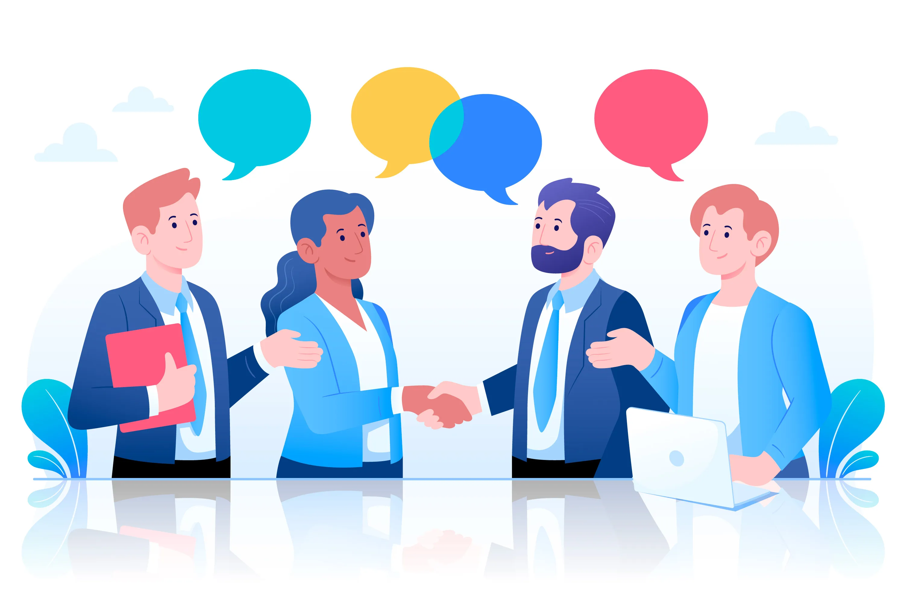 Illustration of a diverse business team communicating and shaking hands, symbolizing teamwork, collaboration, and professional networking.