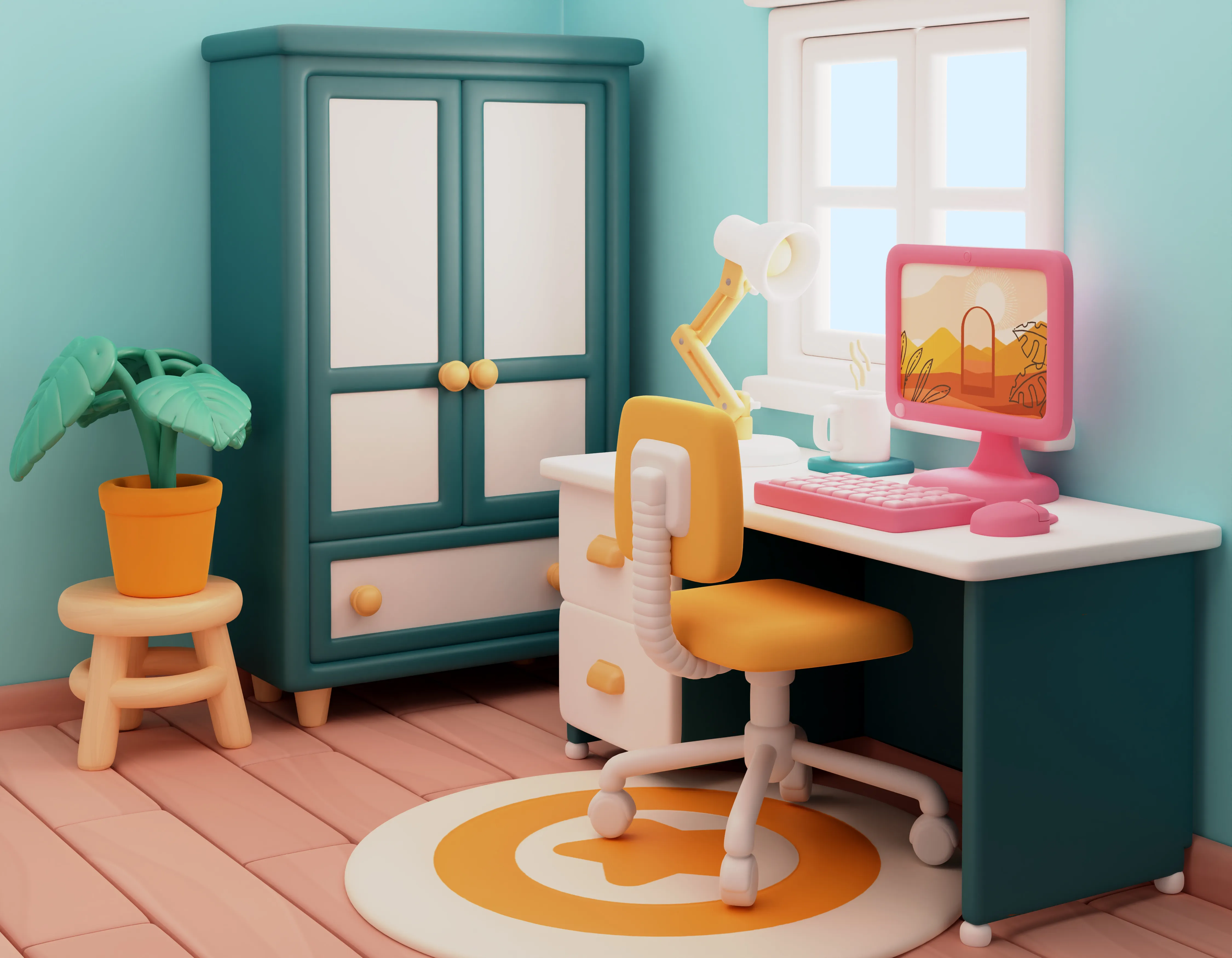 A stylized, colorful home office interior with a yellow chair, a teal wardrobe, a desk with a pink computer, and a plant on a wooden stool.