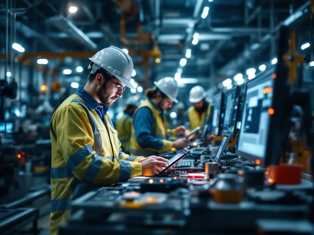 Industrial workers in a factory using tablets and computers.