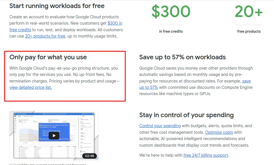 Google Cloud free tier offering $300 in credits, 20+ free products, pay-as-you-go pricing, and savings up to 57% on workloads