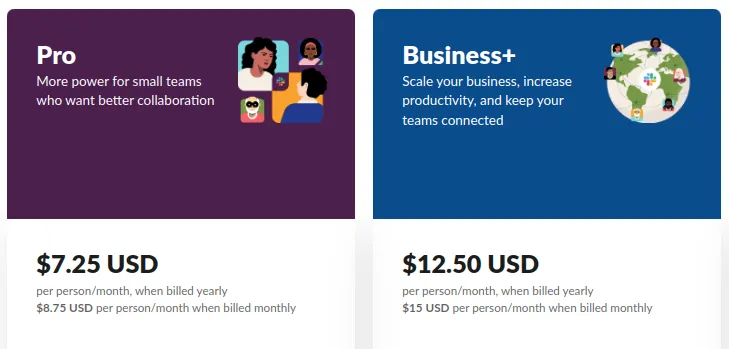 Slack pricing comparison for Pro and Business+ plans showing monthly costs and brief descriptions